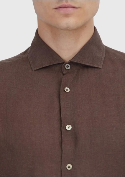 Kahverengi Düz Casual Fit Dokuma Casual %100 Keten Gömlek fırsatları