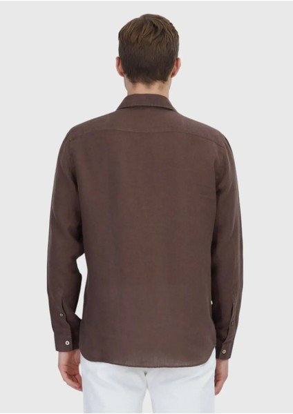 Kahverengi Düz Casual Fit Dokuma Casual %100 Keten Gömlek indirimleri