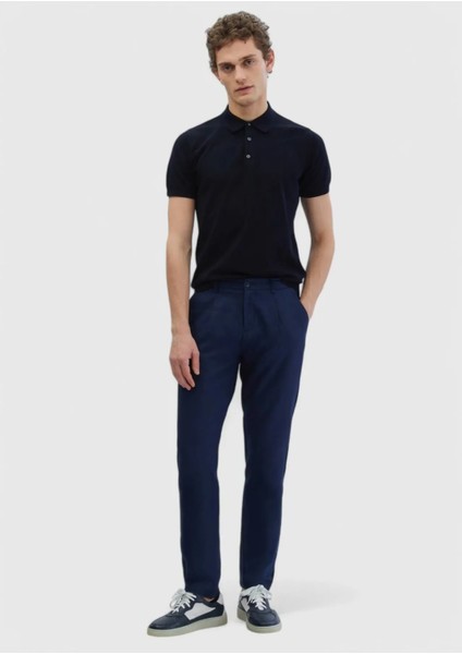 Lacivert Düz Dokuma Jogging Fit Casual %100 Keten Pantolon