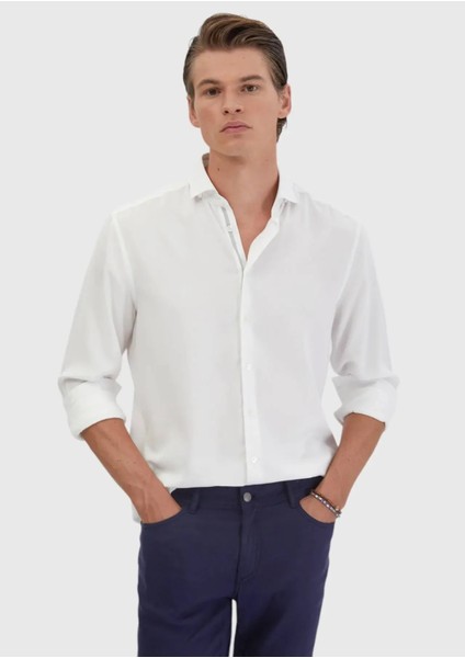Beyaz Düz Casual Fit Dokuma Casual Gömlek