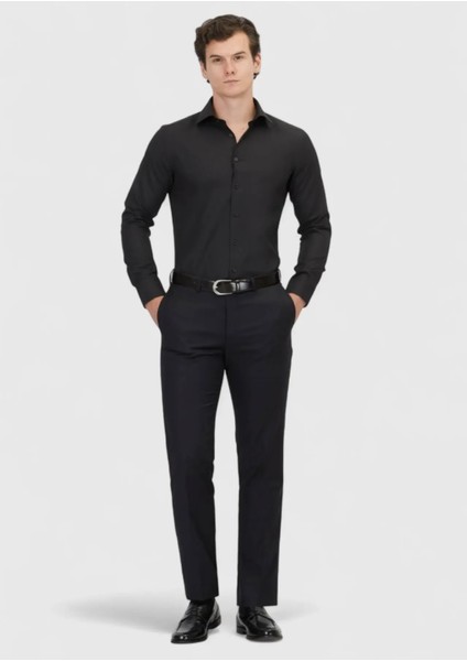 Siyah Düz Slim Fit Dokuma Klasik Pamuk Karışımlı Gömlek fiyatları