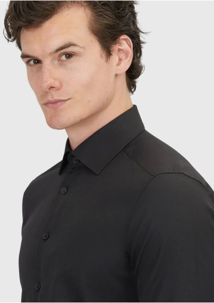 Siyah Düz Slim Fit Dokuma Klasik Pamuk Karışımlı Gömlek modelleri