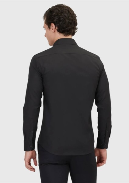 Siyah Düz Slim Fit Dokuma Klasik Pamuk Karışımlı Gömlek indirimleri