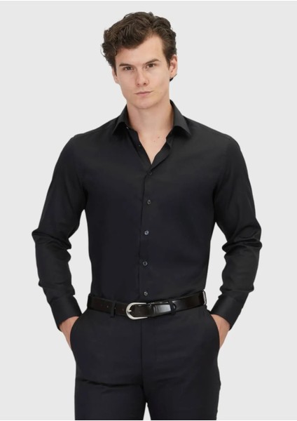 Siyah Düz Regular Fit Dokuma Klasik %100 Pamuk Gömlek