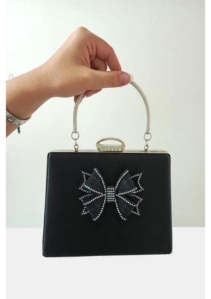 Siyah Saten Fiyonk Taşlı Abiye Çanta