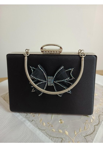Siyah Saten Fiyonk Taşlı Abiye Çanta modelleri