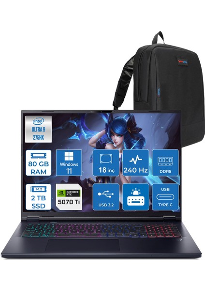 Predator Helios Neo 18 Aı Intel®core™ Ultra 9 275HX 80GB Ddr5 2tb SSD 12GB/RTX5070Tİ 140W 18" 2560 x 1600 Wqxga 240HZ WIN11PRO Gaming Bilgisayar. NHQVMEY002P24+ZETTAÇANTA