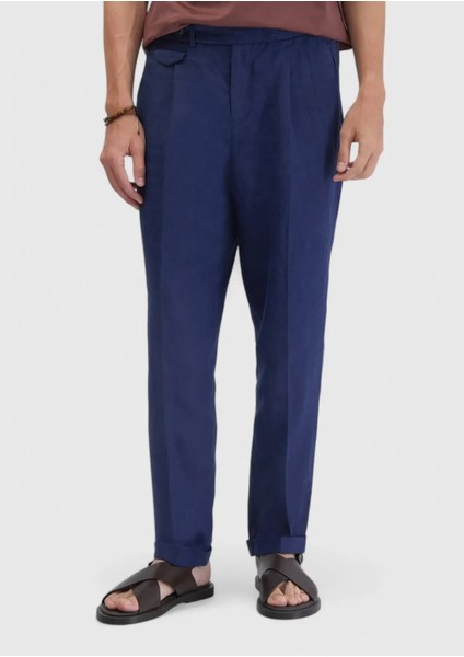 Indigo Çizgili Dokuma Carrot Fit Casual %100 Keten Pantolon fiyatları