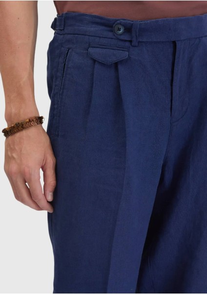 Indigo Çizgili Dokuma Carrot Fit Casual %100 Keten Pantolon modelleri