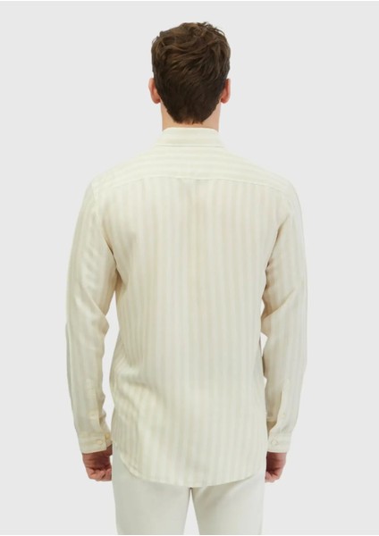 Ekru Çizgili Casual Fit Dokuma Casual Gömlek indirimleri