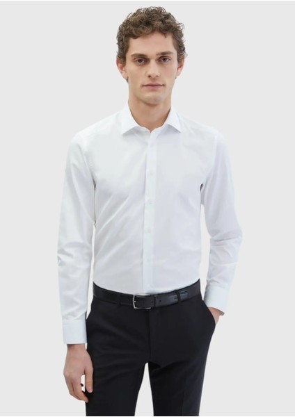 Beyaz Düz Slim Fit Dokuma Klasik %100 Pamuk Gömlek