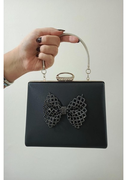 Siyah Saten Fiyonk Abiye Çanta