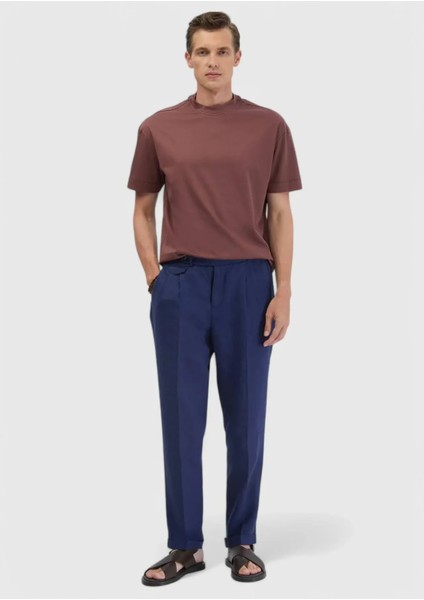 Indigo Çizgili Dokuma Carrot Fit Casual %100 Keten Pantolon