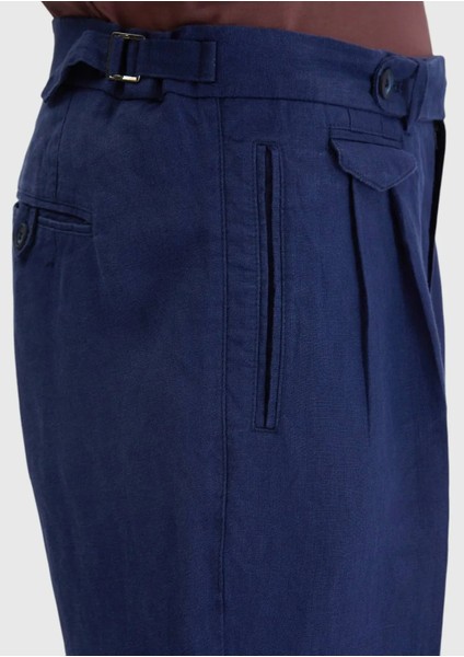 Indigo Çizgili Dokuma Carrot Fit Casual %100 Keten Pantolon fırsatları