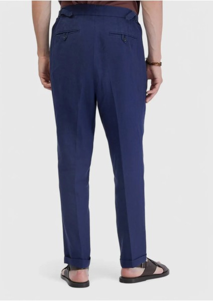 Indigo Çizgili Dokuma Carrot Fit Casual %100 Keten Pantolon indirimleri