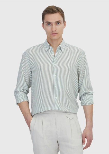 Açık Yeşil Çizgili Casual Fit Dokuma Casual Gömlek