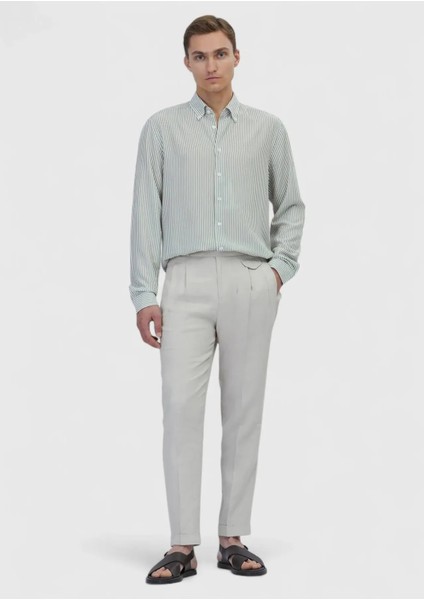 Açık Yeşil Çizgili Casual Fit Dokuma Casual Gömlek fiyatları