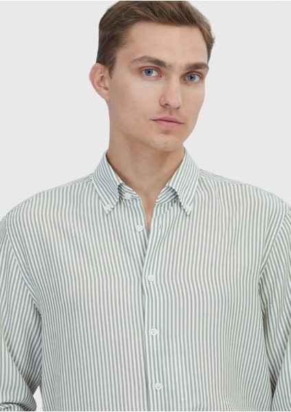 Açık Yeşil Çizgili Casual Fit Dokuma Casual Gömlek modelleri