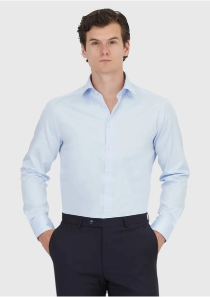 Açık Mavi Düz Regular Fit Dokuma Klasik %100 Pamuk Gömlek
