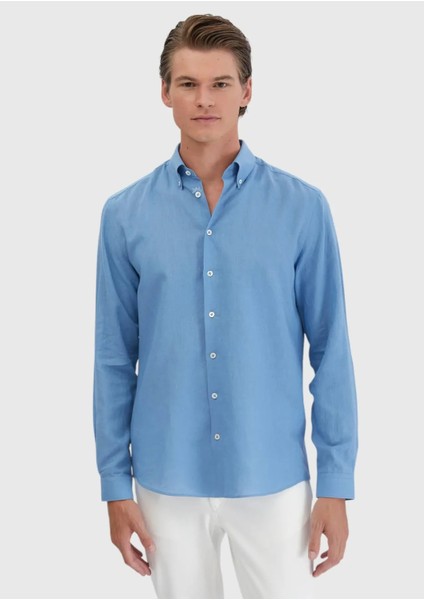 Mavi Düz Casual Fit Dokuma Casual Pamuk Karışımlı Gömlek fırsatları