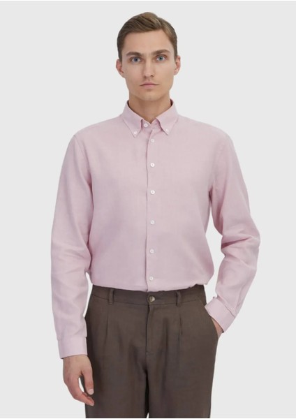 Pembe Düz Casual Fit Dokuma Casual Pamuk Karışımlı Gömlek