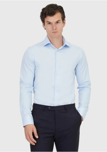 Koyu Mavi Düz Slim Fit Dokuma Klasik %100 Pamuk Gömlek