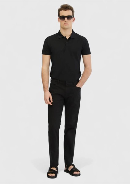 Siyah Düz Dokuma Regular Fit Casual Pamuk Karışımlı Pantolon