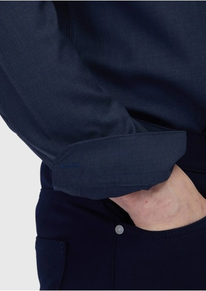 Lacivert Düz Regular Fit Dokuma Klasik %100 Yün Gömlek fırsatları