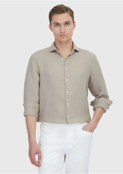 Vizon Düz Casual Fit Dokuma Casual %100 Keten Gömlek