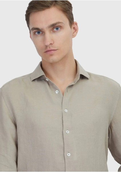 Vizon Düz Casual Fit Dokuma Casual %100 Keten Gömlek modelleri