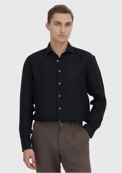 Siyah Düz Casual Fit Dokuma Casual %100 Keten Gömlek