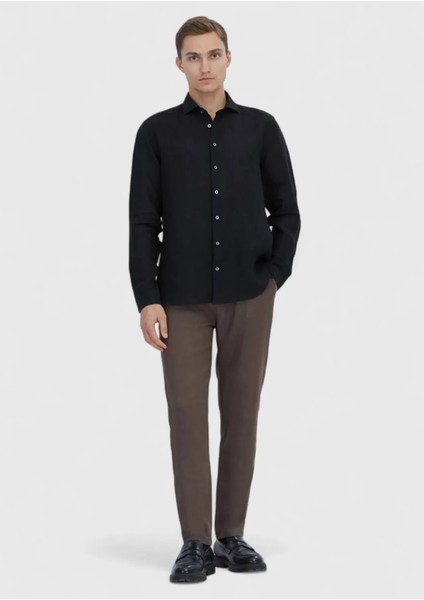 Siyah Düz Casual Fit Dokuma Casual %100 Keten Gömlek fiyatları