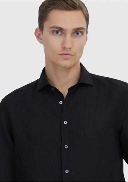 Siyah Düz Casual Fit Dokuma Casual %100 Keten Gömlek modelleri