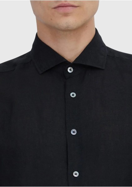 Siyah Düz Casual Fit Dokuma Casual %100 Keten Gömlek fırsatları