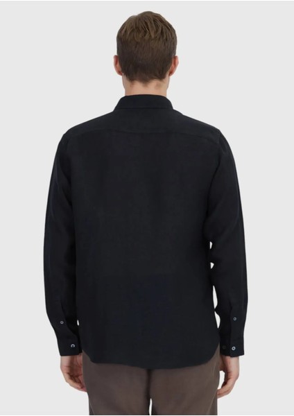 Siyah Düz Casual Fit Dokuma Casual %100 Keten Gömlek indirimleri