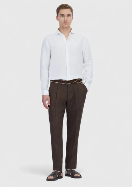 Beyaz Düz Casual Fit Dokuma Casual %100 Keten Gömlek fiyatları