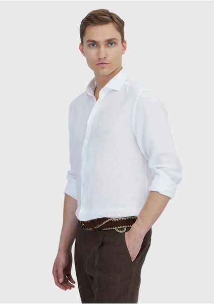 Beyaz Düz Casual Fit Dokuma Casual %100 Keten Gömlek modelleri