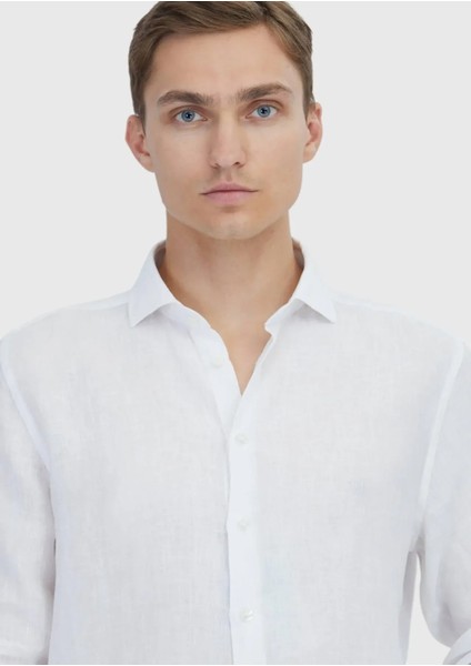 Beyaz Düz Casual Fit Dokuma Casual %100 Keten Gömlek fırsatları