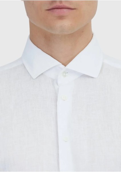 Beyaz Düz Casual Fit Dokuma Casual %100 Keten Gömlek indirimleri
