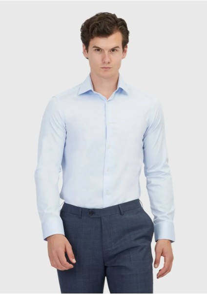 Açık Mavi Düz Slim Fit Dokuma Klasik %100 Pamuk Gömlek