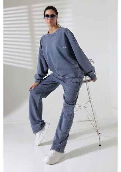 Kadın Soft Indigo Bisiklet Yaka Sweatshirt Eşofman Takımı MSC317