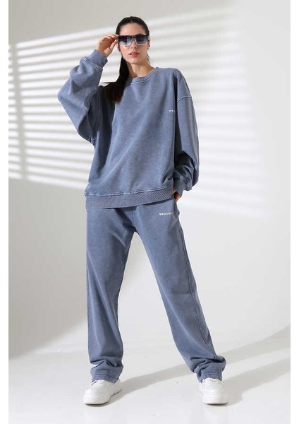 Kadın Soft Indigo Bisiklet Yaka Sweatshirt Eşofman Takımı MSC317 modelleri