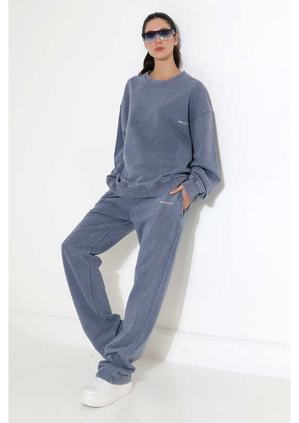 Kadın Soft Indigo Bisiklet Yaka Sweatshirt Eşofman Takımı MSC317 fırsatları