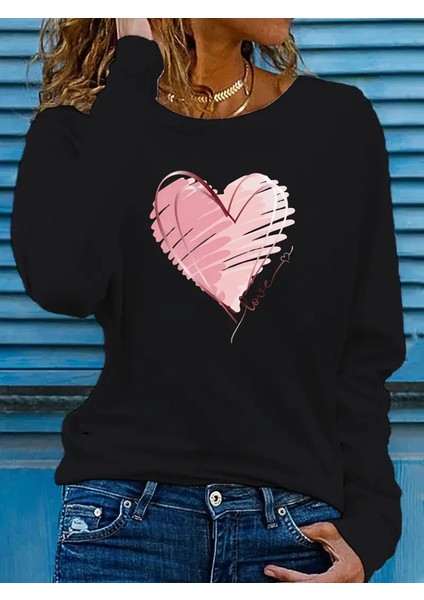 Kadın Uzun Kollu Bisiklet Yaka Kalp Desenli Viskon Bluz