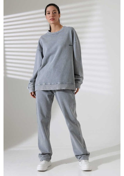 Kadın Soft Açık Gri Bisiklet Yaka Sweatshirt Eşofman Takımı MSC317