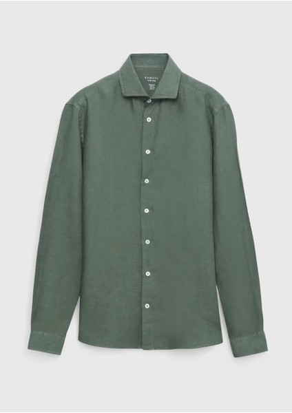 Haki Düz Casual Fit Dokuma Casual %100 Keten Gömlek