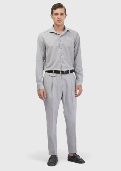 Açık Gri Düz Regular Fit Dokuma Klasik %100 Yün Gömlek fiyatları