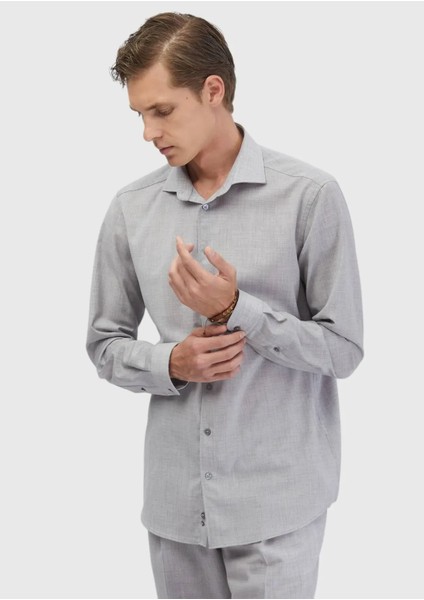 Açık Gri Düz Regular Fit Dokuma Klasik %100 Yün Gömlek modelleri