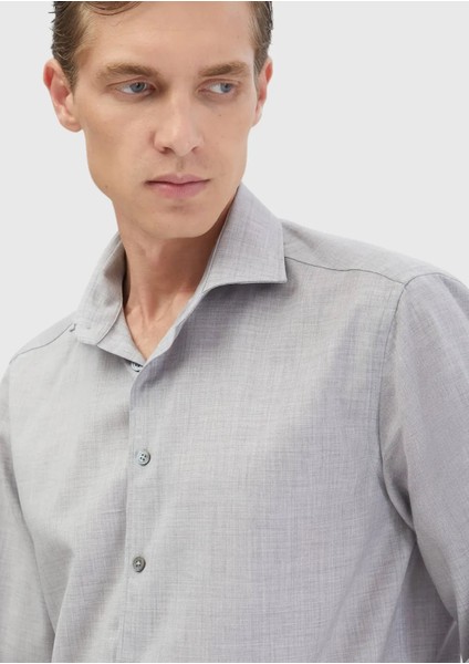 Açık Gri Düz Regular Fit Dokuma Klasik %100 Yün Gömlek indirimleri