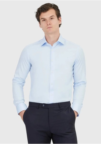 Koyu Mavi Düz Slim Fit Dokuma Klasik %100 Pamuk Gömlek